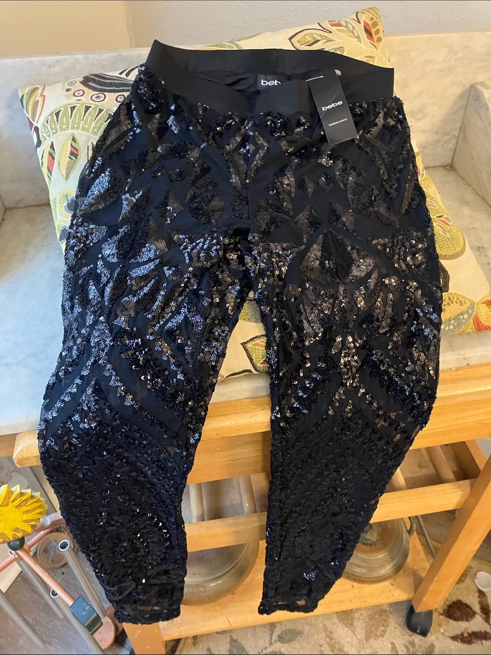 bebe Black Sequin Patterned Leggings Sheer BottomSexy Cute Shorts Inside NWTS! S